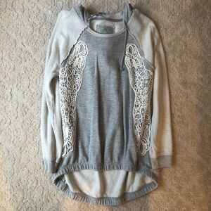 Gray and Cream Hoodie with Lace Detail
